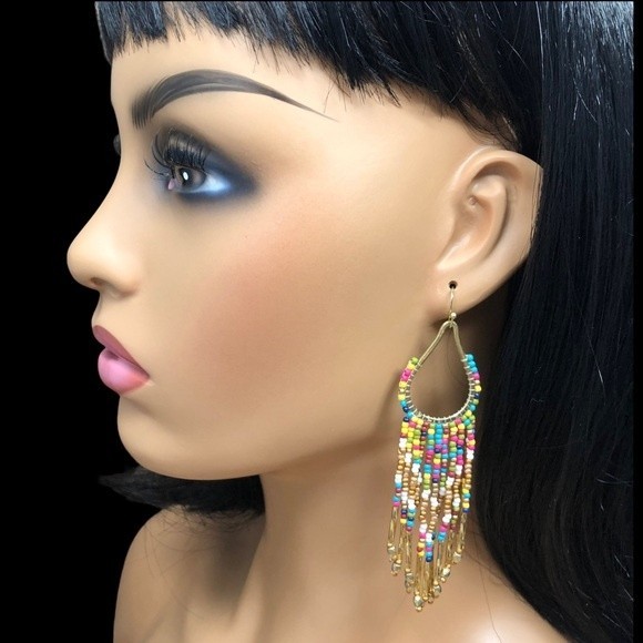 Multicolor Random Seed Bead Long Tassel Handmade Statement Dangle Earrings - Picture 3 of 3